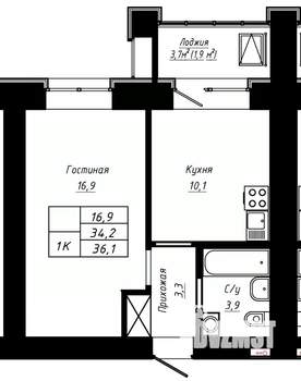 1-к квартира, строящийся дом, 36м2, 13/16 этаж