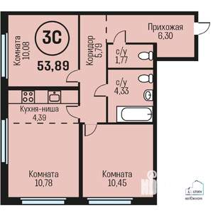 3-к квартира, строящийся дом, 54м2, 18/24 этаж