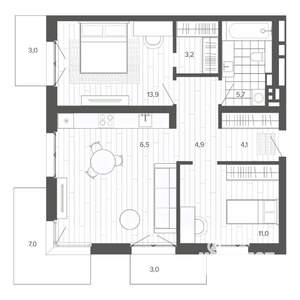 3-к квартира, строящийся дом, 78м2, 6/9 этаж