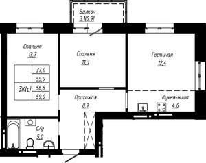 3-к квартира, строящийся дом, 57м2, 3/16 этаж