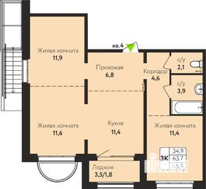 3-к квартира, строящийся дом, 66м2, 1/10 этаж
