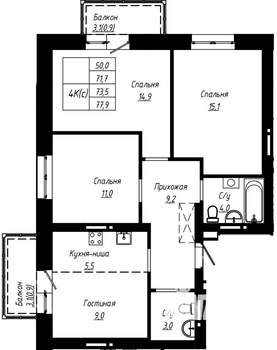 4-к квартира, строящийся дом, 74м2, 3/16 этаж