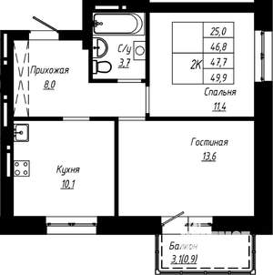 2-к квартира, строящийся дом, 48м2, 13/16 этаж