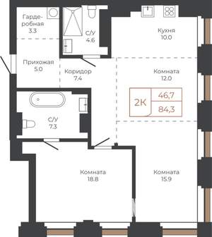 3-к квартира, строящийся дом, 83м2, 17/27 этаж
