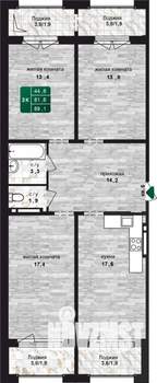 3-к квартира, строящийся дом, 89м2, 13/24 этаж