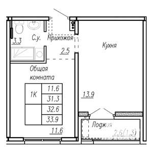 1-к квартира, строящийся дом, 33м2, 7/17 этаж
