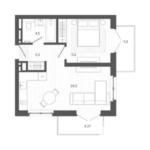 2-к квартира, строящийся дом, 50м2, 6/9 этаж