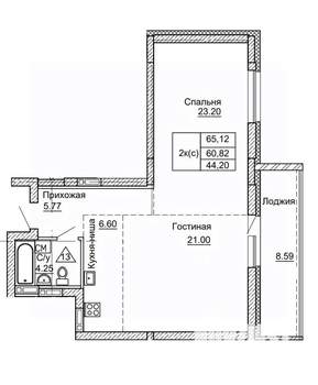 2-к квартира, строящийся дом, 65м2, 5/9 этаж