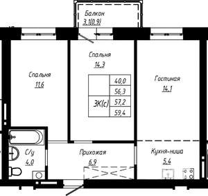 3-к квартира, строящийся дом, 57м2, 11/16 этаж