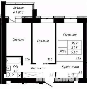 3-к квартира, строящийся дом, 54м2, 7/10 этаж