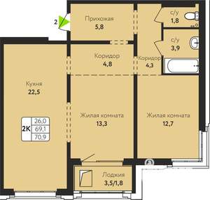 2-к квартира, строящийся дом, 71м2, 5/17 этаж
