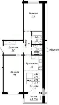 3-к квартира, строящийся дом, 70м2, 1/10 этаж