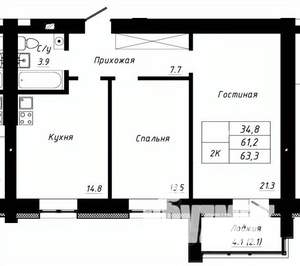 2-к квартира, строящийся дом, 63м2, 3/10 этаж