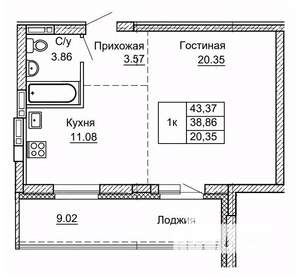 1-к квартира, строящийся дом, 43м2, 5/9 этаж