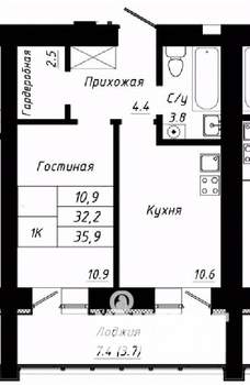 1-к квартира, строящийся дом, 36м2, 3/10 этаж