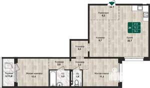 2-к квартира, строящийся дом, 74м2, 11/17 этаж