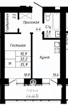 1-к квартира, строящийся дом, 36м2, 4/10 этаж