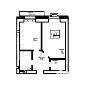 1-к квартира, строящийся дом, 46м2, 3/7 этаж