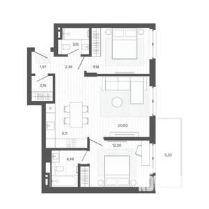 3-к квартира, строящийся дом, 69м2, 6/9 этаж