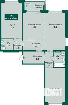 3-к квартира, вторичка, 89м2, 7/12 этаж