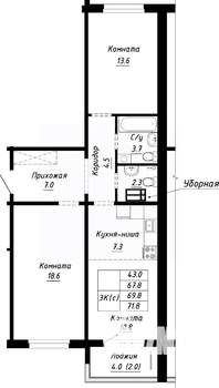 3-к квартира, строящийся дом, 70м2, 9/10 этаж