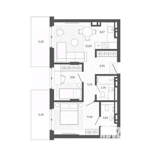 3-к квартира, строящийся дом, 61м2, 9/9 этаж