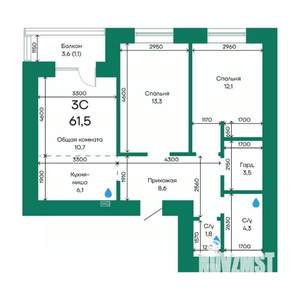 3-к квартира, строящийся дом, 62м2, 8/10 этаж