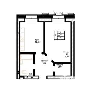 1-к квартира, строящийся дом, 45м2, 2/7 этаж