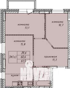 3-к квартира, строящийся дом, 62м2, 14/14 этаж