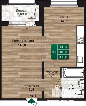 1-к квартира, строящийся дом, 42м2, 22/24 этаж