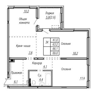 3-к квартира, строящийся дом, 66м2, 17/22 этаж