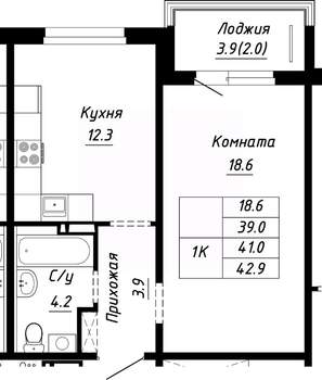 1-к квартира, строящийся дом, 41м2, 6/10 этаж