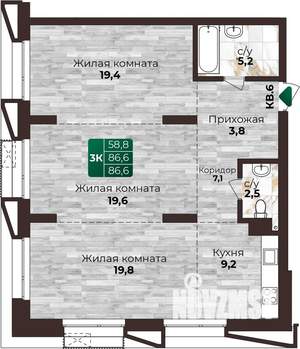 3-к квартира, строящийся дом, 87м2, 3/22 этаж