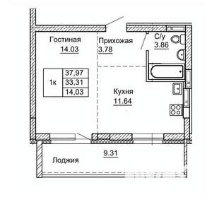 1-к квартира, строящийся дом, 38м2, 3/9 этаж