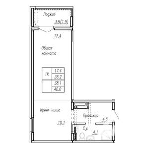1-к квартира, строящийся дом, 38м2, 10/17 этаж