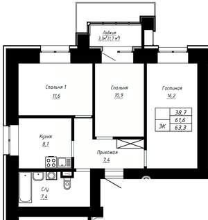 3-к квартира, строящийся дом, 63м2, 2/16 этаж