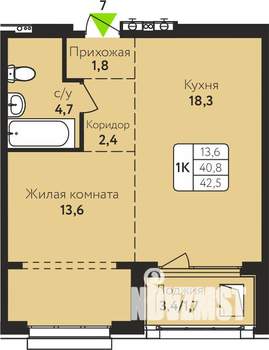 1-к квартира, вторичка, 43м2, 12/17 этаж