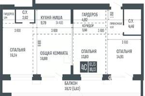 4-к квартира, строящийся дом, 99м2, 15/15 этаж