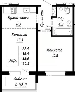 2-к квартира, строящийся дом, 39м2, 9/10 этаж