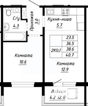 2-к квартира, строящийся дом, 39м2, 10/10 этаж