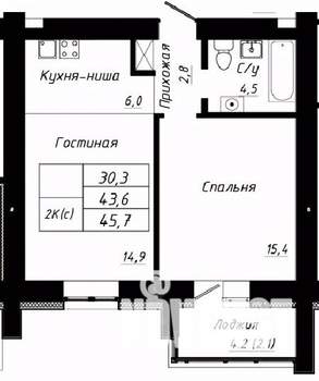 2-к квартира, строящийся дом, 46м2, 1/10 этаж