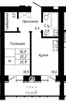 1-к квартира, строящийся дом, 36м2, 3/10 этаж