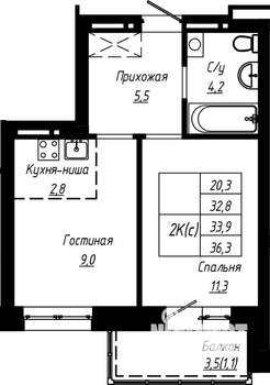 2-к квартира, строящийся дом, 34м2, 3/16 этаж