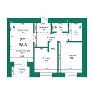 3-к квартира, строящийся дом, 57м2, 10/10 этаж