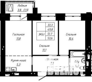 3-к квартира, строящийся дом, 52м2, 2/16 этаж