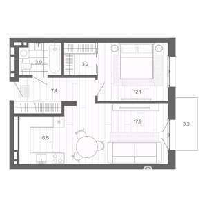 2-к квартира, строящийся дом, 55м2, 6/9 этаж