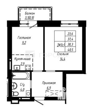 2-к квартира, вторичка, 38м2, 9/17 этаж
