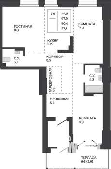 3-к квартира, строящийся дом, 90м2, 1/21 этаж