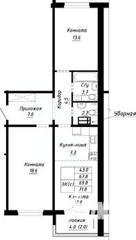 3-к квартира, строящийся дом, 70м2, 2/10 этаж