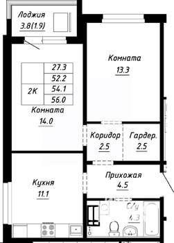 2-к квартира, строящийся дом, 54м2, 9/10 этаж